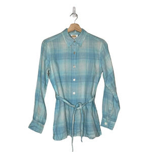 Talbots Blouse Blue White Irish Linen Plaid Button Up Collared Tie Womens 4